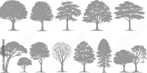 A collection of various tree silhouettes displayed in a grid on a clean plain white background