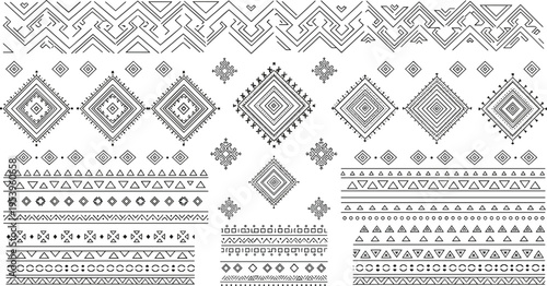 Seamless tribal geometric patterns with ethnic borders, diamond shapes and ornamental motifs, boho style black line vector illustration set