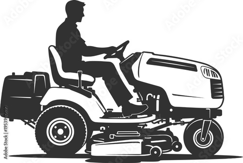 Ride‑on lawn mower silhouette illustration, person operating garden machinery, landscaping equipment vector artwork, grass cutting design, outdoor gardening, yard maintenance concept.