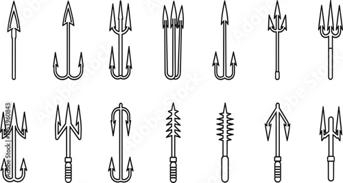 Harpoon and Fishing Spear Icons Set with Multiple Hook Designs, Marine Hunting Tools Collection for Nautical, Fishing, and Vector Illustration