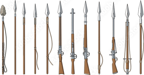 Historical Weapons Collection with Spears, Lances, Rifles, and Polearms, Vintage Military Armory Set for War, Defense, and Antique Vector Illustration