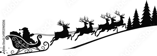 Santa Claus silhouette riding sleigh with reindeer, festive Christmas vector illustration, holiday season artwork, winter pine tree design, traditional celebration concept, magical gift delivery scene