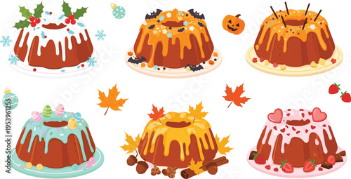 Seasonal bundt cakes collection with Christmas Halloween autumn and strawberry glazed desserts festive bakery flat vector illustration set