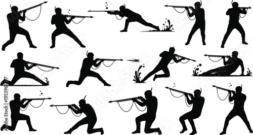 Soldier Silhouette Set with Rifle Shooting Poses, Military Combat Action Figures for War, Army Training, and Tactical Vector Illustration Collection