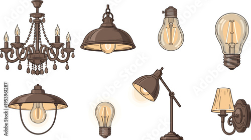 Vintage Lighting Vector Illustration Showing Chandelier Pendant Bulb Lamp and Sconce