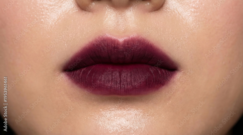 Fototapeta premium Close-up of lips with matte dark plum lipstick in beauty fashion photo.