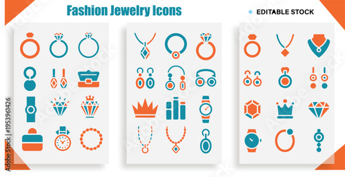 Fashion Jewelry Flat Icons Collection, Ring Necklace Earring Jewelry Icons Set 