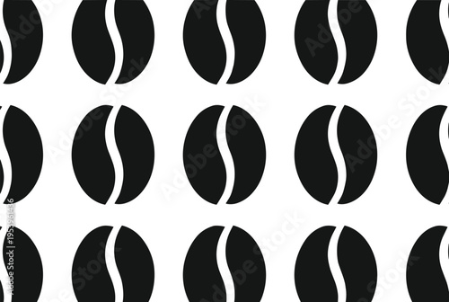 Seamless repeating coffee bean pattern vector illustration, black stylized icons for cafe branding, packaging, wallpaper, textile design, beverage decor, modern background