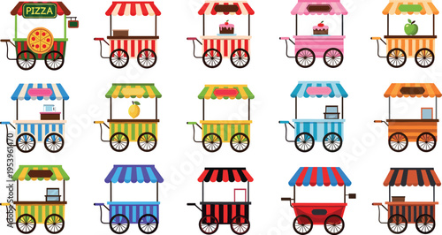 Street food cart collection illustration featuring pizza, ice cream, juice and snack vendor carts colorful market stall vehicles isolated set