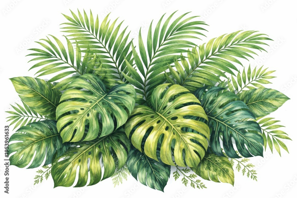 Fototapeta premium Lush tropical leaves with monstera and palm foliage in vibrant green watercolor style