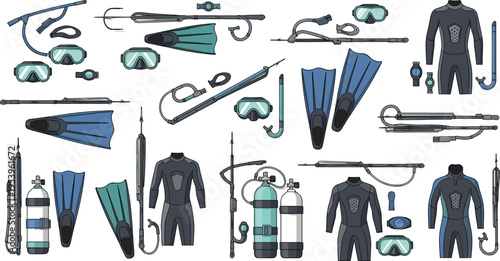 Scuba Diving Equipment Collection with Wetsuits, Fins, Oxygen Tanks, Masks, and Snorkels, Professional Underwater Gear Set for Marine Adventure Vector Illustration