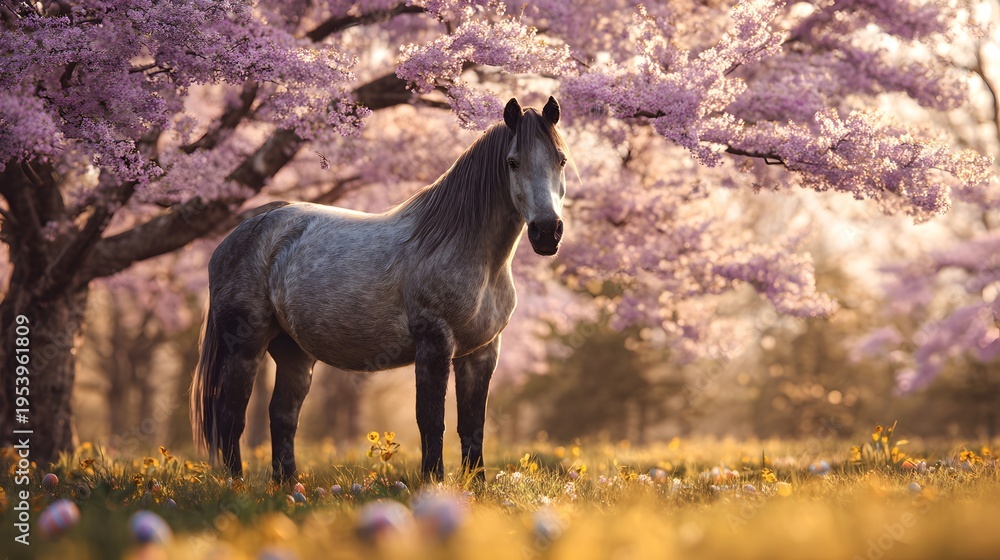 Fototapeta premium majestic grey horse standing in sunny spring field under blooming cherry blossom trees