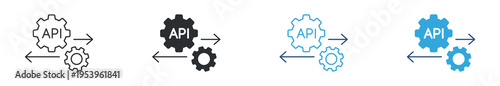 API integration icon set. Gear with API text and arrows, software development, data exchange and system connection concept. Vector illustration.