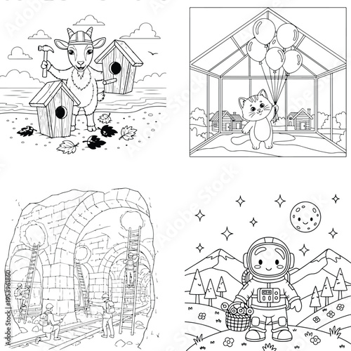 Childrens coloring book bundle with goat building birdhouse cat with balloons and astronaut on moon