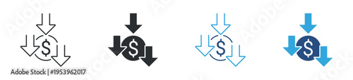 Financial decline icon set. Dollar symbol with downward arrows, economic crisis, loss and decrease concept. Vector illustration.