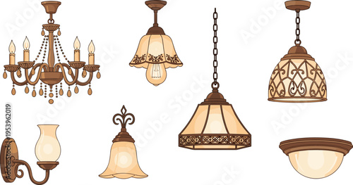 Vintage Lighting Vector Illustration Showing Chandelier Pendant Ceiling Lamp and Sconce