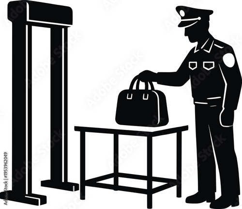 Security checkpoint silhouette illustration, officer inspecting handbag beside metal detector vector art, airport security concept, safety procedure design, secure facility composition
