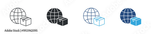 Global shipping icon set. Globe with package box, international delivery, logistics and export concept. Vector illustration.