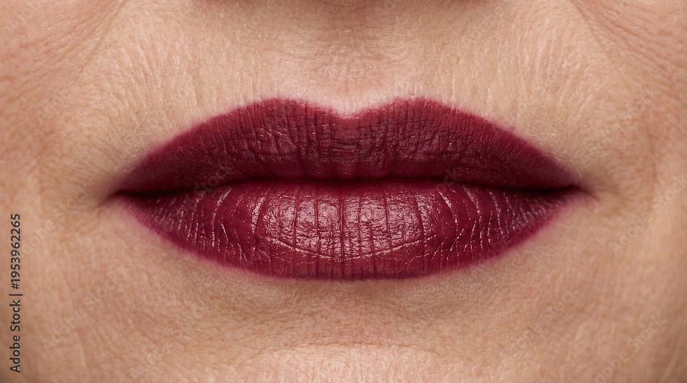 Fototapeta premium Close-up of lips with dark red burgundy lipstick, smooth and precise makeup photo.