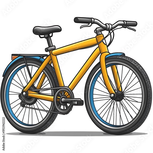 Yellow mountain bike with blue accents on white background Keywords: bicycle, bike, photo