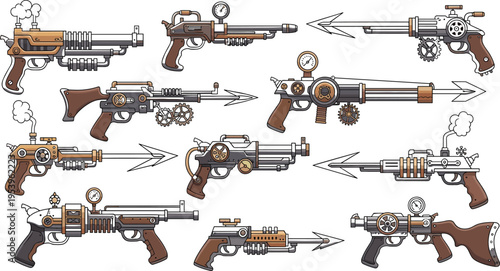 Steampunk Weapon Collection with Futuristic Rifles, Mechanical Pistols, and Gear Powered Guns, Vintage Sci Fi Armory Set for Fantasy and Vector Illustration