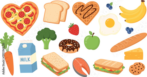 Balanced Diet Food Vector Collection with Pizza, Bread, Fruits, Vegetables, Milk, Salmon and Healthy Breakfast Ingredients Isolated Illustration Set
