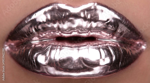 Close-up of metallic chrome lips reflecting light in a fashion editorial photo.