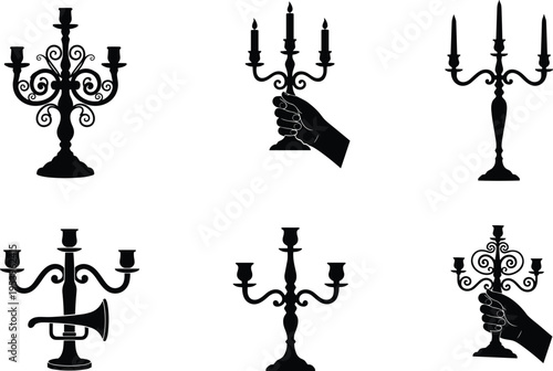 Set of six black silhouette candelabra illustrations with unique artistic designs, hand-held versions, trumpet integration, ornamental candle holders, creative decorative vector artwork