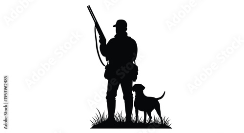 Hunter with dog standing in field a striking black silhouette