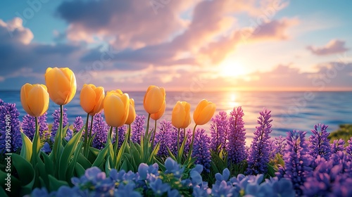 Yellow tulips and purple hyacinths at sunrise over the ocean flowers photo