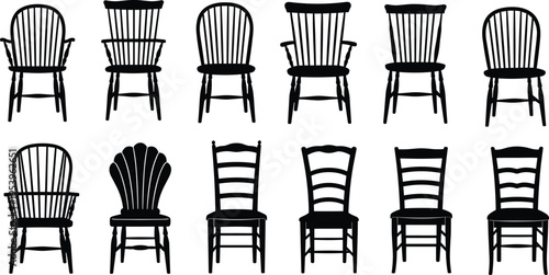 Set of twelve chair silhouettes, diverse furniture designs with unique backrests and legs, vector illustration of seating styles, decorative black artwork design