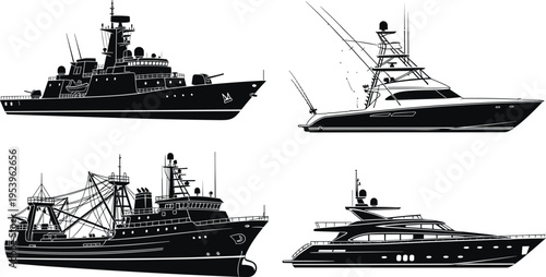 Military battleship silhouette, sport fishing boat, commercial fishing trawler, luxury yacht, diverse ship designs, maritime vessels, nautical transport, vector illustration artwork