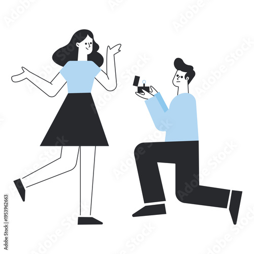 Romantic man kneeling and proposing to a woman with a diamond ring.