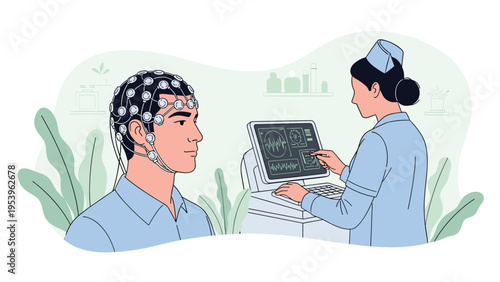 Patient undergoes a brain activity scan while wearing an EEG cap as a nurse monitors the results on a computer monitor.