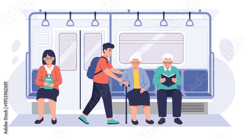 Kind young man helping an elderly woman with a cane find a seat on a crowded public subway train for urban transportation in the city.