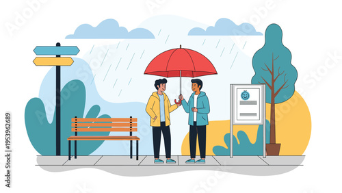 Two friends share a large red umbrella while standing on a city sidewalk during a rainy day near a wooden park bench.