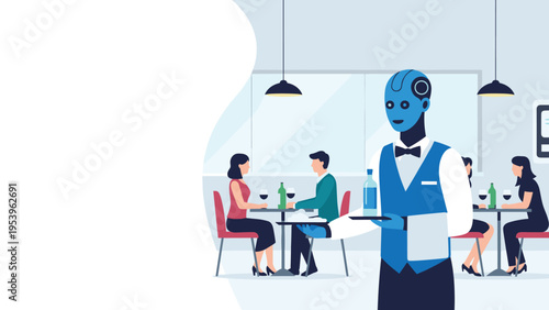 Futuristic robot waiter serves a bottle of water on a tray in a modern restaurant filled with human customers dining.