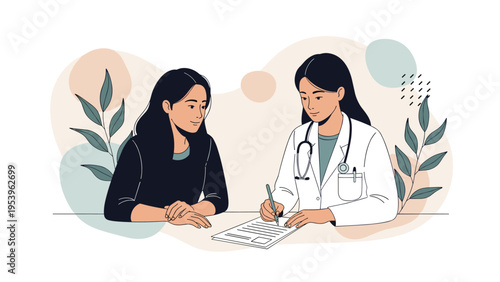 Professional female doctor in a white coat consults with a young patient and takes notes during a medical appointment.