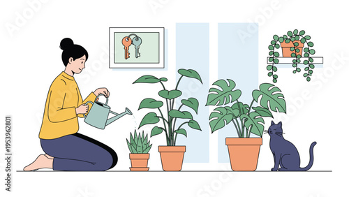 Woman takes care of her indoor garden by watering several potted plants while her cat sits nearby in a bright room.