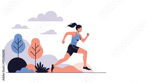 Athletic woman in sportswear runs with determination through a stylized landscape featuring soft clouds and colorful trees.