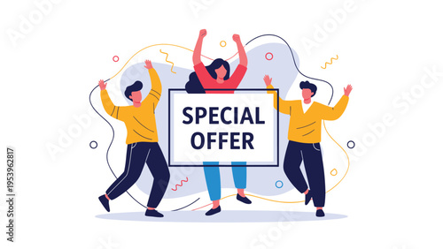 Group of happy people celebrating a special offer with their arms raised in a cheerful and festive abstract setting.