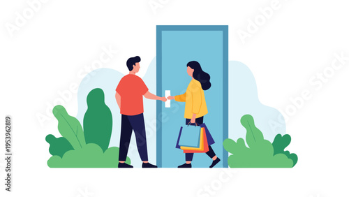 Young couple standing at the door with colorful shopping bags after a successful day of buying gifts and clothes.