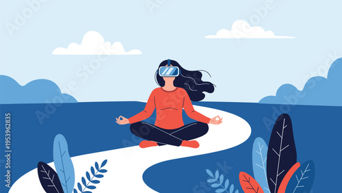 Woman wearing a virtual reality headset while meditating in a serene blue abstract landscape for mental wellness.