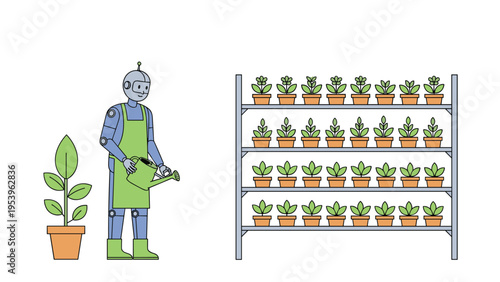 Modern robot gardener watering indoor plants on multi-level shelves to maintain an automated vertical urban farm.