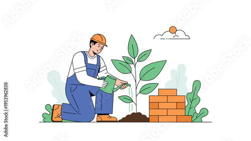 Young man in overalls kneeling to water a green plant near a brick structure in an outdoor garden environment.