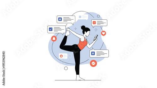 Active woman practicing a yoga pose while distractedly checking social media notifications on her mobile phone.