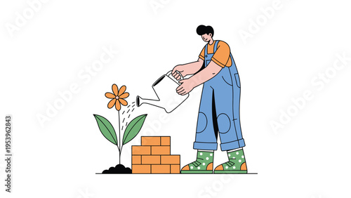 Male gardener watering a large orange flower in a garden bed next to a small brick wall on a beautiful sunny afternoon.