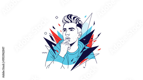 Portrait of a young man with styled hair looking away thoughtfully amidst sharp abstract colorful geometric shapes.