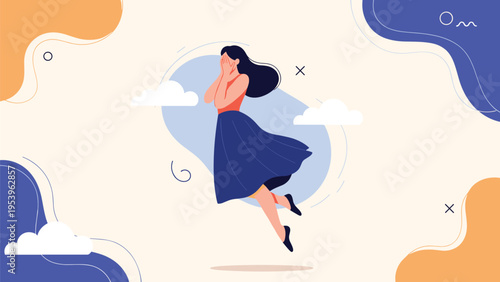 Young woman floating or jumping with joy in an abstract sky with clouds and colorful shapes for freedom and happiness.