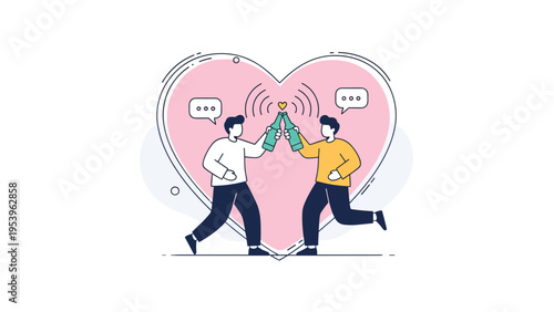 Two men clinking beer bottles in a celebration of friendship inside a large pink heart for a social gathering.